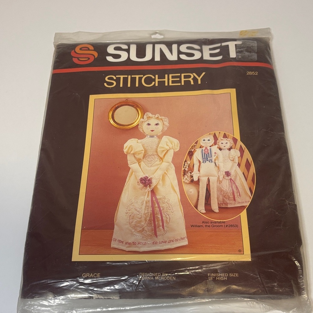 1980s vintage Sunset Stitchery embroidery kit featuring "Grace," a bride doll